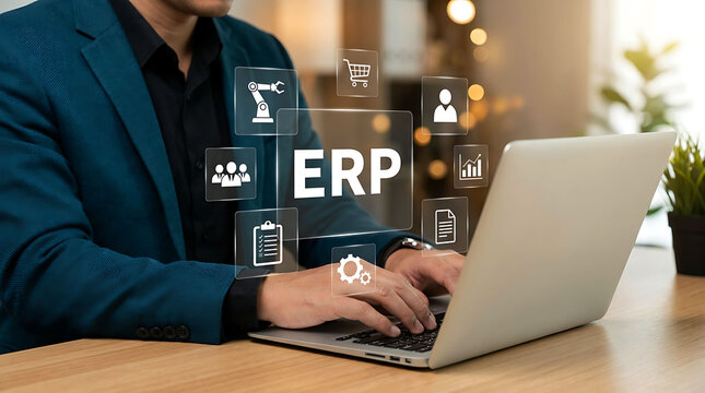 Businessman using laptop with ERP enterprise resource planning software icons