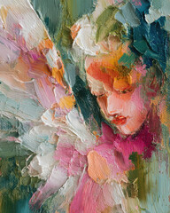 Obraz premium Contemporary impasto artwork depicting a gentle angel with layered paint and vibrant tactile brushwork.