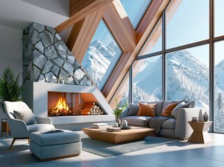 Obraz premium Cozy living room with a fireplace and mountain view during winter
