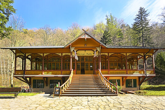 Dance hall in Raci udoli (Crayfish Valley) built in 1906-1907, one of the most beautiful buildings in the Javornik area, Art Nouveau style. Monument in the Rychleby mountain district, Czech Republic