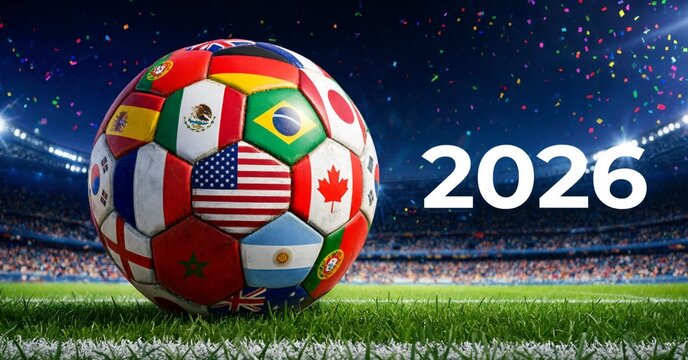 Global world cup 2026 flags on soccer ball with stadium fireworks background