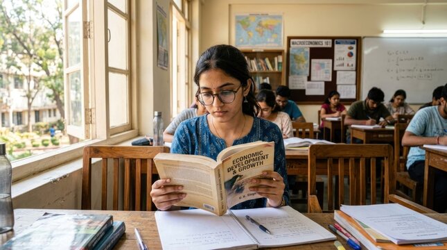 Young Woman Studying Diligently in a University Library Classroom.
