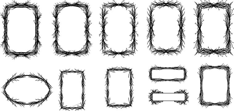 Set of various spooky dry tree branch frames and borders for gothic style decorative designs.