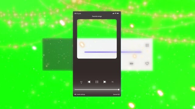 Animated video loop of music player interface on green background with bokeh lights