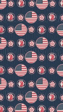 USA patriotic vertical seamless looping background video with flag, star, and eagle badges on a navy blue pattern, ideal for 4th of July mobile social media stories, reels, and ads.