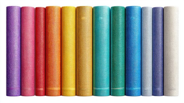 Row of colorful yoga mats lined up in a rainbow pattern on white background