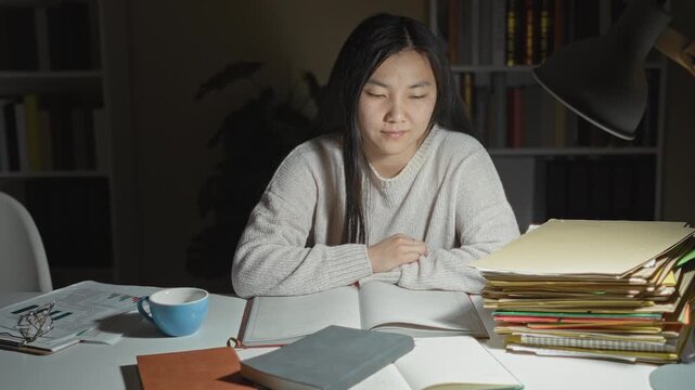 Woman with hand on chin studying at desk with open notebook, blue cup, lamp and tall stack of folders, bookshelf visible in a studio; contemplation.