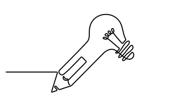 Animated self drawing of Continuous line drawing of a pencil combined with a light bulb, concept of creative writing and idea generation. Full length one line animation. 4K video