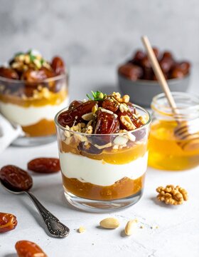 Datteln im Glas mit N&uuml;ssen und Honigschichten (Overnight Dessert Stil)