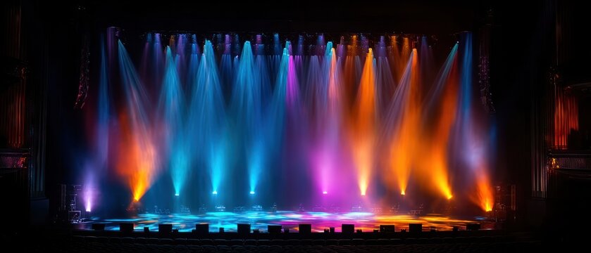 Empty theater stage illuminated by vibrant colorful light beams