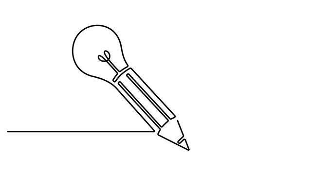Animated self drawing of Continuous line drawing of a light bulb combined with a pencil, creative idea and writing concept, Full length one line animation. 4K video