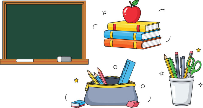 Back to School Vector Icon Set with Blackboard Books Apple Pencil Case and Stationery Supplies for Classroom Education and Learning Layout Designs