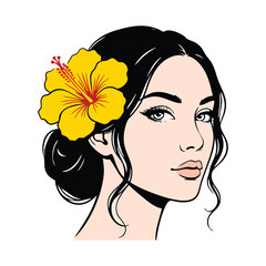 Elegant portrait of woman with dark hair styled in bun and bright yellow hibiscus flower symbolizing tropical beauty grace and feminine charm © Ayesha