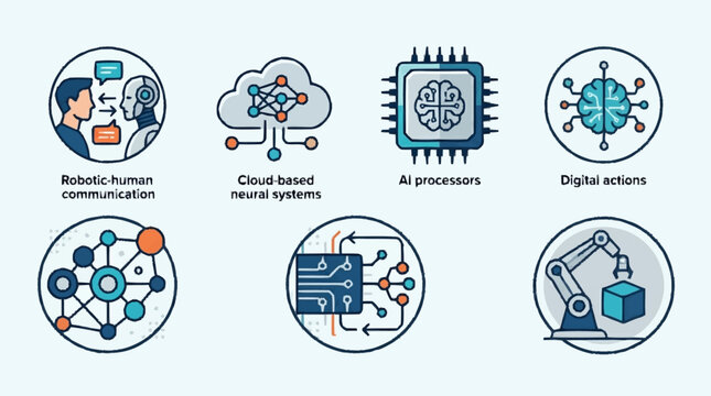 Set of icons representing artificial intelligence and technology concepts.