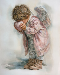 Obraz premium Heavenly watercolor artwork featuring a graceful angel surrounded by soft glowing tones and airy textures.