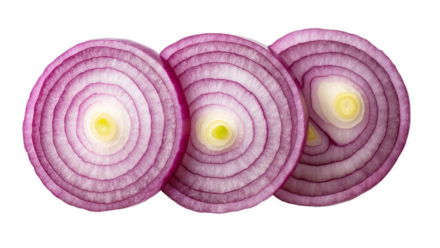Isolated three fresh slices of red onion arranged in a row close-up macro studio shot