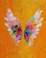 Obraz premium Artistic angel wings painting with tactile surface details, expressive brushstrokes, and earthy elegance.