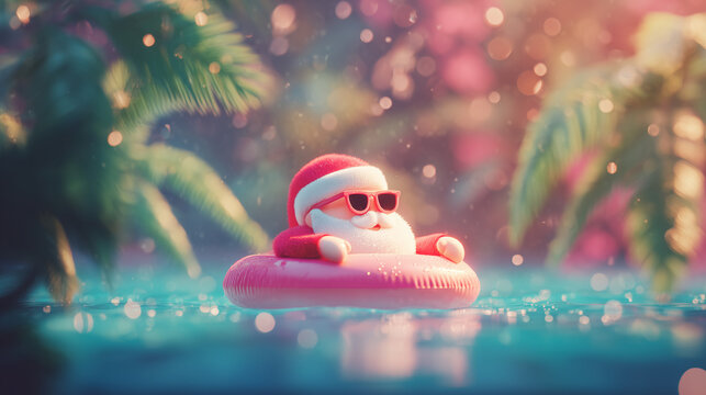 Santa Claus relaxing on inflatable ring in tropical swimming pool, funny summer Christmas vacation concept for holiday travel promotions