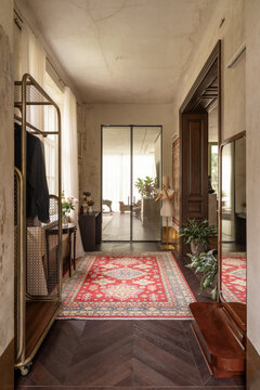 Hallway with closed glass doors and symmetry