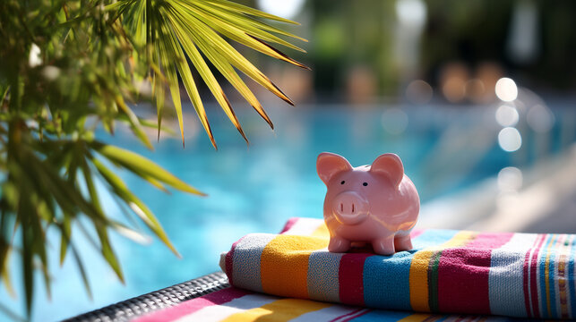 Pink piggy bank relaxing on colorful poolside sunbed, summer savings and vacation budget concept for travel and financial planning campaigns