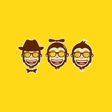 Set of three funny monkey head mascot characters with glasses