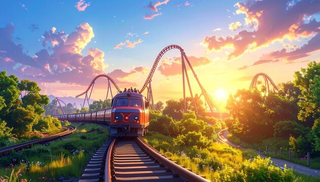 Red Train and Roller Coaster Track in Sunset Amusement Park
