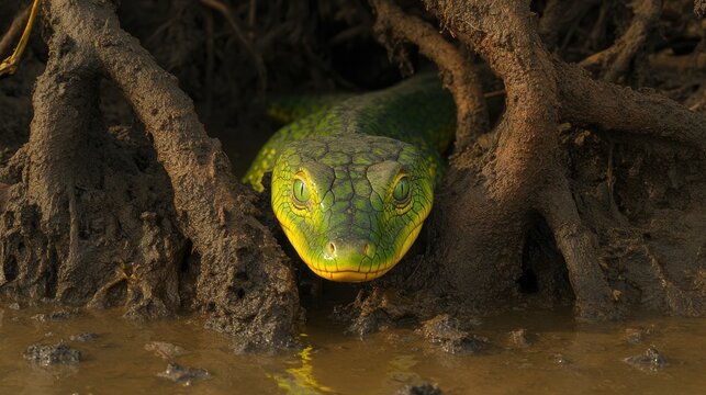 A green reptile with intense emerald eyes observing surroundings