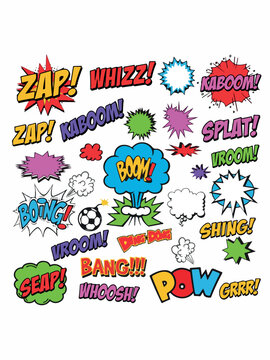 Retro comic book sound effects collection, colorful pop art speech bubbles and action words, vintage superhero explosion vector set