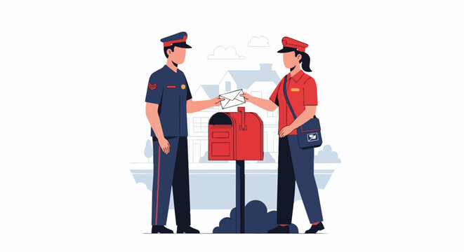 Male and Female Postal Service Workers Delivering Mail Near Residential Mailbox, Flat Vector Illustration of Postman and Postwoman with Envelope
