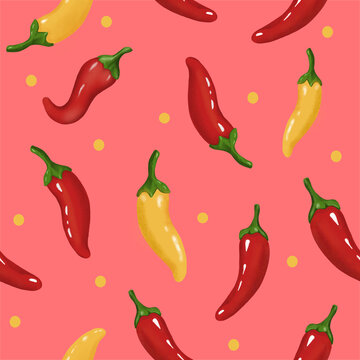 Hot chili peppers seamless pattern on coral pink background, vibrant kitchen surface design with red and yellow peppers.