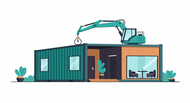 Modern Sustainable Shipping Container House Illustration, Modular Eco-Friendly Home Design with Construction Excavator