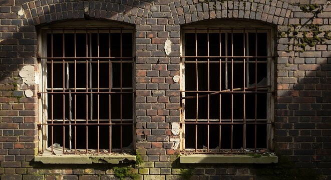 Abandoned brick building with barred windows.