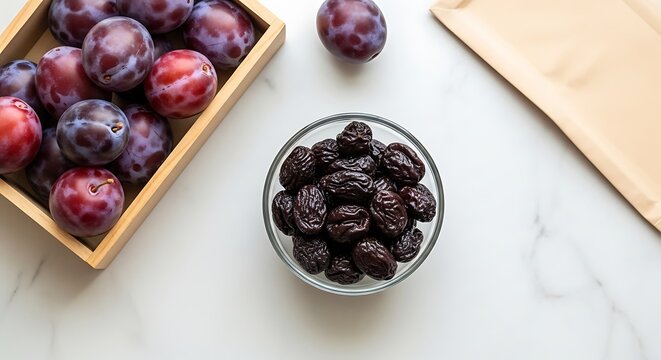 Fresh plums and prunes on table.
