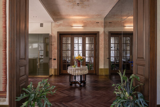 Symmetrical living space with wooden floor