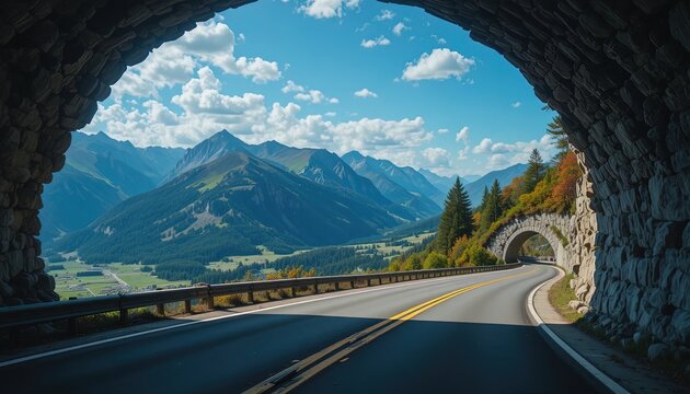 Scenic mountain road journey through tunnel with breathtaking alpine landscape view