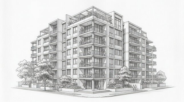 Architectural pencil sketch of modern multi story residential apartment building with balconies and trees on street corner representing real estate property design.
