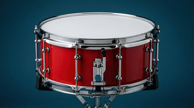 Professional red snare drum with chrome hardware and white drumhead isolated on dark blue background presenting studio lighting and clean musical instrument details.