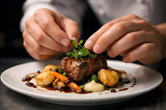 Chef's Masterpiece: A skilled chef meticulously garnishes a succulent steak with fresh herbs, completing a gourmet dish artfully plated with roasted vegetables and a swirl of sauce.