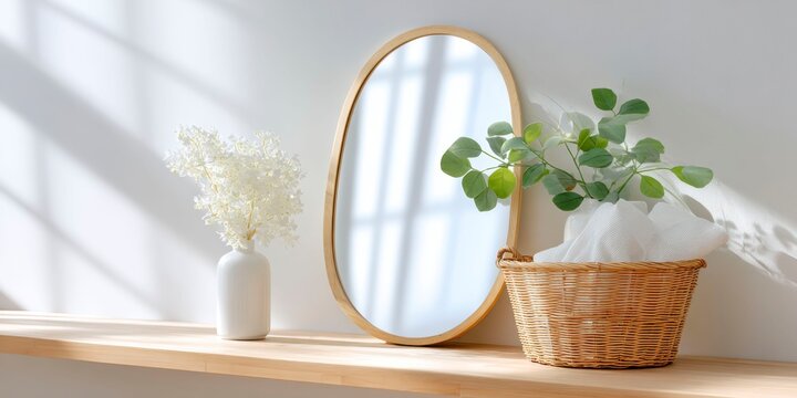 a entryway with an oval mirror above a wooden console table, surrounded by white walls and windows that let in natural light.