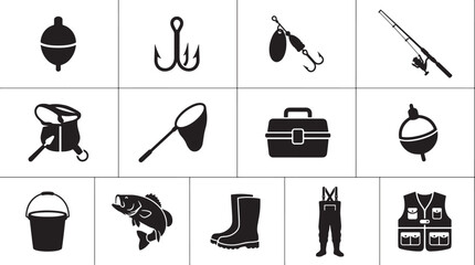 Fishing Equipment Icons Set – Hook, Rod, Lure, Net, Tackle Box and Angler Gear Silhouettes   © Open Expression