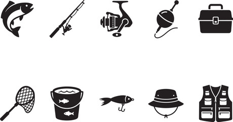 Fishing Equipment Icons Set – Fish, Rod, Reel, Bobber, Tackle Box, Net, Bucket, Lure, Hat and Vest Silhouettes   © Open Expression