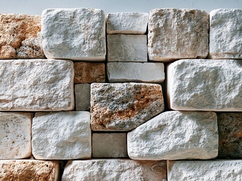 Stone wall made of different shapes and sizes of rocks in a building setting during daylight