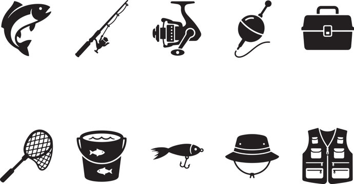 Fishing Equipment Icons Set &ndash; Fish, Rod, Reel, Bobber, Tackle Box, Net, Bucket, Lure, Hat and Vest Silhouettes

