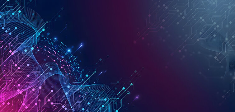 Abstract digital technology background with circuit board elements. Futuristic cyber network banner template with copy space. Colorful electronic data flow web design.