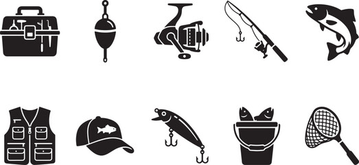 Fishing Gear Icons Set – Tackle Box, Rod, Reel, Fish, Lure, Net and Angler Equipment Silhouettes   © Open Expression