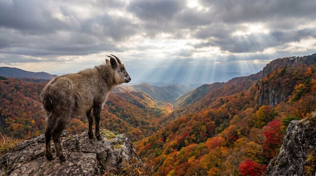 Japanese serow and an autumn valley