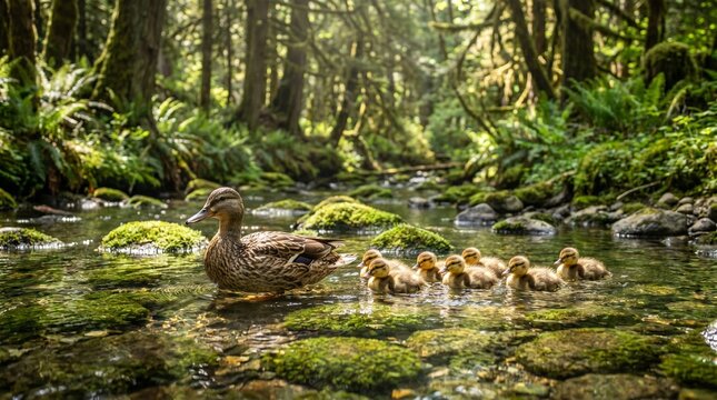 Spot-billed duck family in a stream