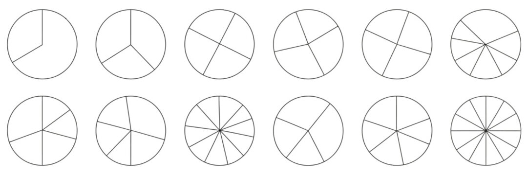 Segments of circle infographic icon set divided into 1 to 12 parts, radial circle pieces in black and white for data visualization and design concepts.