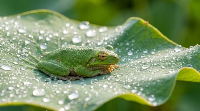 Japanese tree frog on a lotus leaf