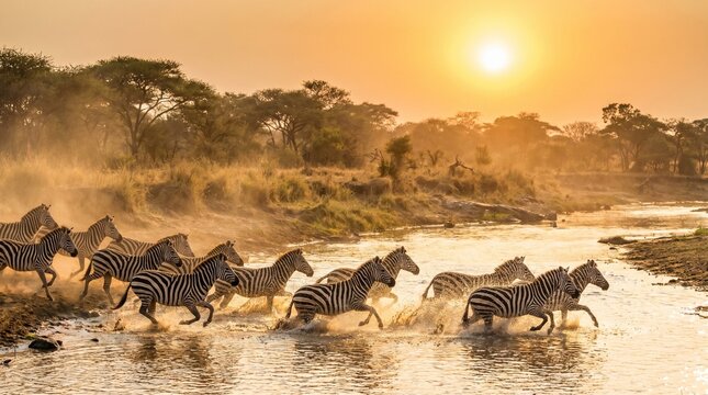 Zebras crossing a savanna river
